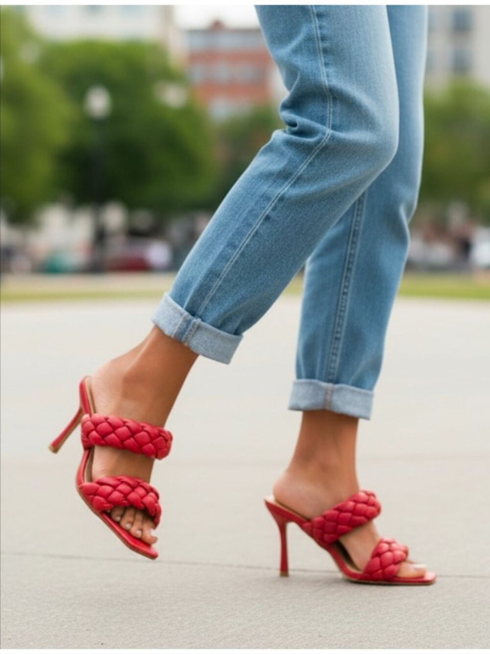 Braided Red High Heel Slide Sandals With Square Toe & Double Strap Design